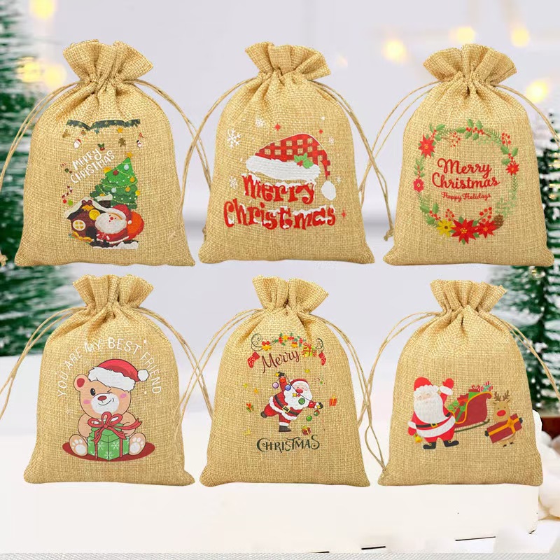 Nuevos regalos de Navidad transfronterizos de lino belos paquetes de bolsas dulces de Nochebuena regalos de lino bolsas de color primario