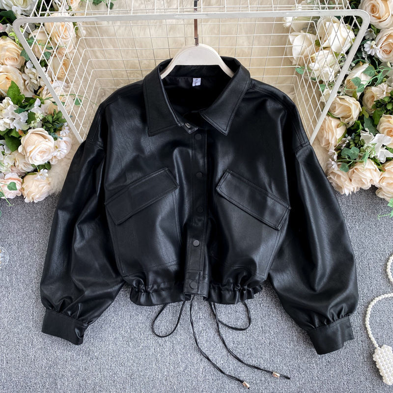 Cross-Border Korean Retro Bf Style Loose Leather Jacket for Women, Vintage Large Pocket Slim Short Biker Jacket Cross-Border Korean Retro Bf Style Loose Leather Jacket for Women, Vintage Large Pocket Slim Short Biker Jacket