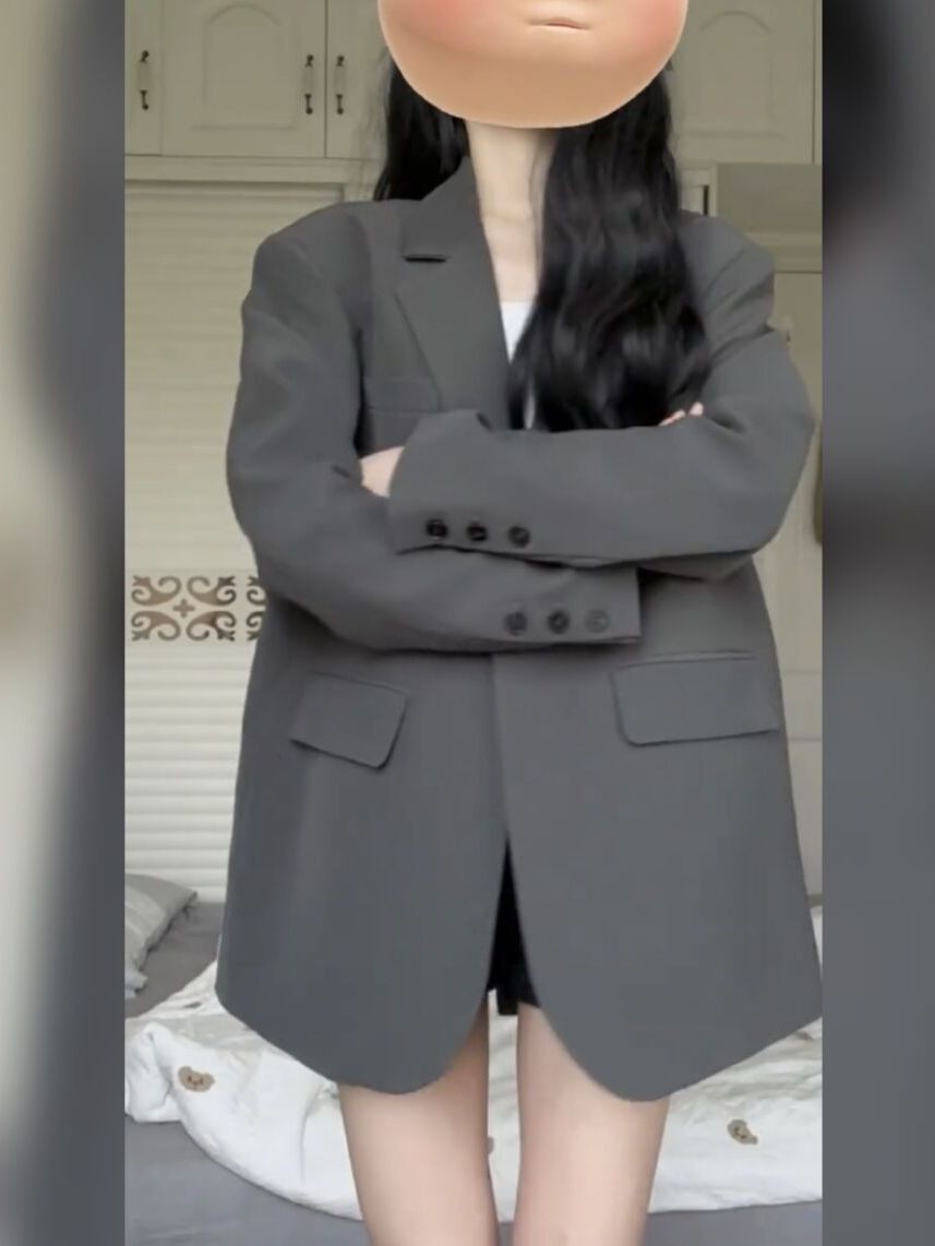 Grauer Damenblazer mit einem Knopf im Großhandel, ideal für Frühling und Herbst, koreanischer Stil, mittellang, locker geschnitten, lässig, College-Stil_voghion.com