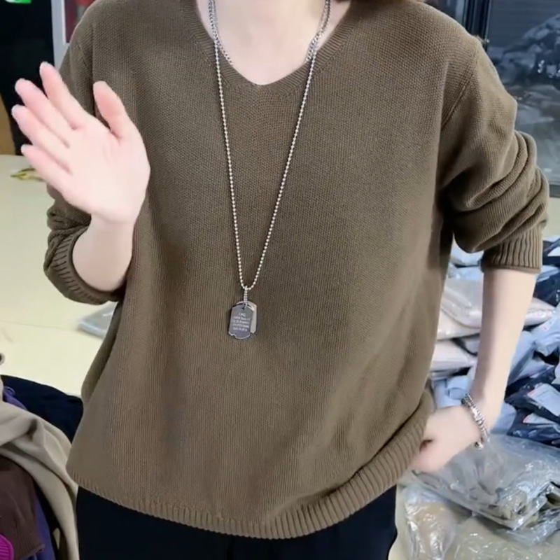 Plus-Size Women's Clothing, Short Knitted Top That Covers the Belly, Loose V-Neck Long-Sleeve Pullover Sweater, Ginger Yellow Top Plus-Size Women's Clothing, Short Knitted Top That Covers the Belly, Loose V-Neck Long-Sleeve Pullover Sweater, Ginger Yellow Top