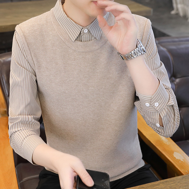 Fake Two-Piece Knitwear Men's Autumn and Winter Trendy Brand Versatile Shirt Collar Sweater Men's Business Casual Collared Top