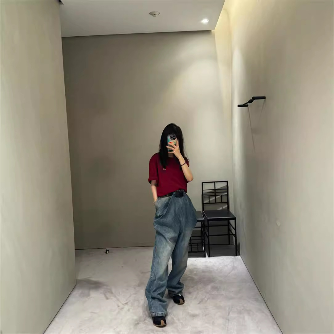 24 이른 가을 뉴 난유 하이 세트 로우 심플 레트로 블루 워시 고급 프론트 플리츠 하이 허리 데님 바지