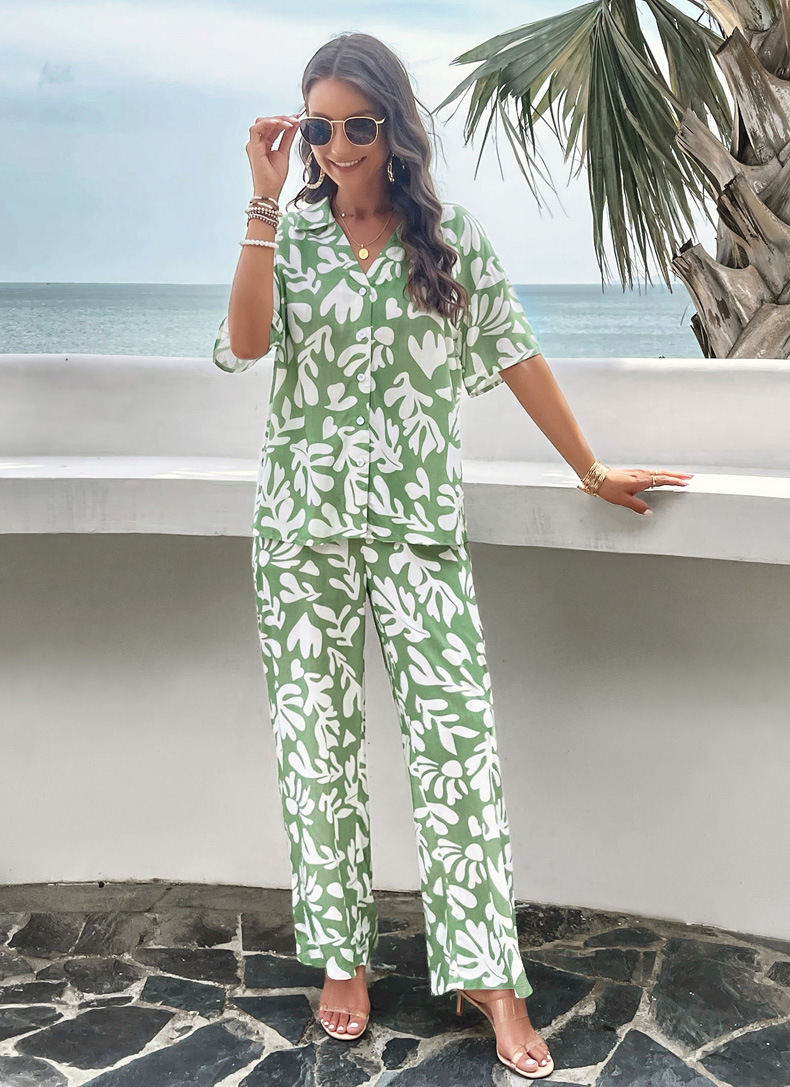 315g Weight Half Sleeve Sleeve Length Spandex Fabric Type Pant Co-ord Set Sets Type 2 Pieces Set Quantity Daily, Beach Occasion Turndown Neckline Slim Fit Type Printing, Geometric Pattern Summer Season Women's Gender Vacation Style Daily Beach Women's Vacation Printing Geometric Spandex Pant Co-ord Set Pants Sets 4