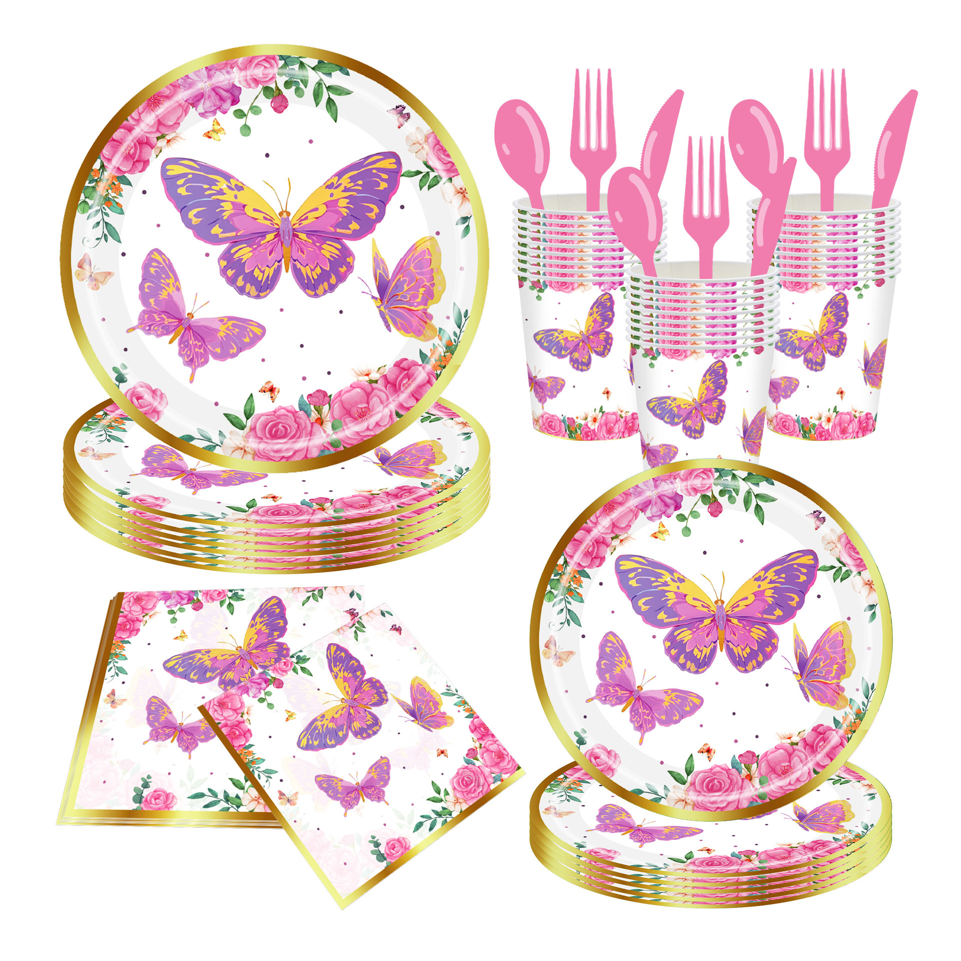 Set de decoración para fiesta temática de mariposas con temática de fiesta del té transfronteriza: vasos de papel, servilletas de papel, platos de papel