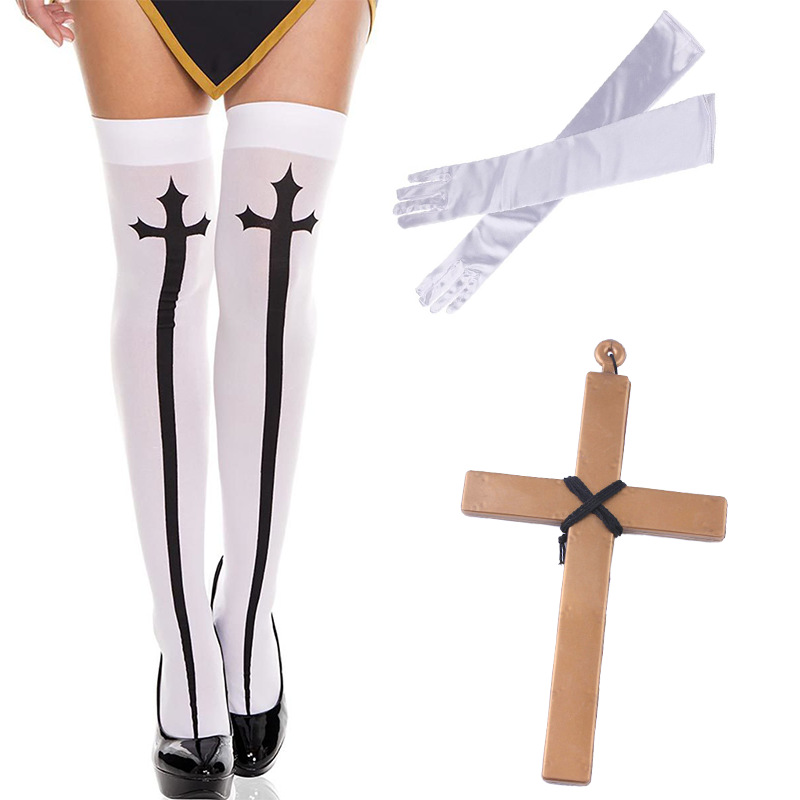 Halloween sexy cosplay monjas juegan disfraz ropa pañuelo calcetines collar crucifix set