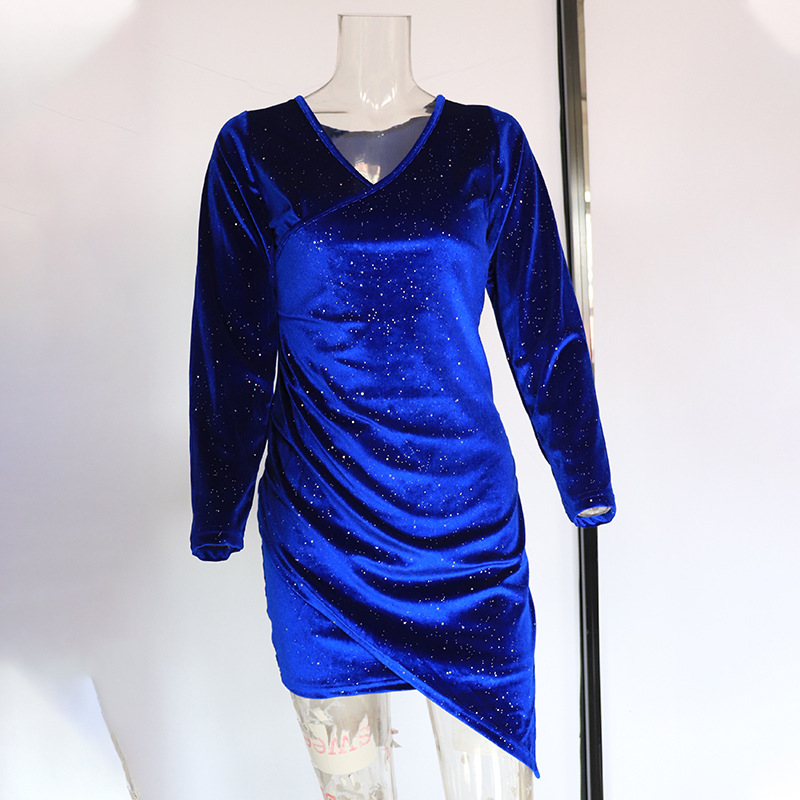 Women's Clothing Hot stamping gold velvet dress women's long sleeved fashionable lady dress sexy solid color V neck mini skirt_ipsvogv.com