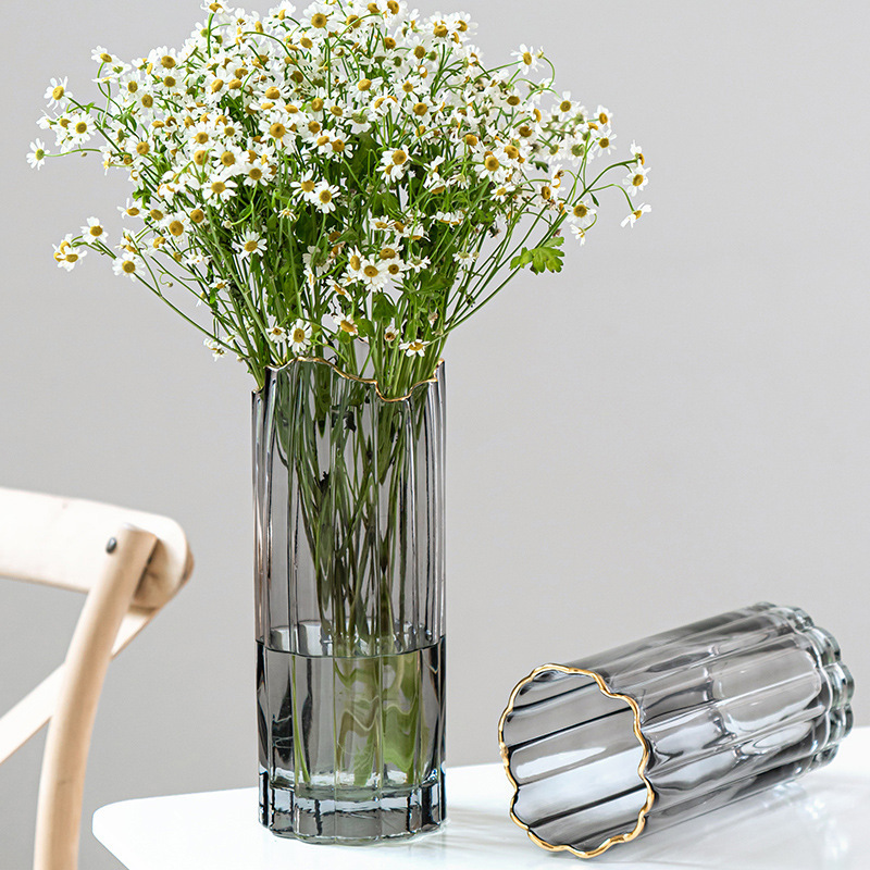 Modern Minimalist Gold-Trimmed Transparent Straight Glass Vase Ornament Nordic Living Room Flower Arrangement Soft Decorative Item Hydroponic Flower Pot