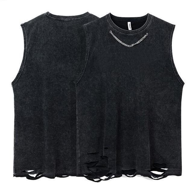 Sleeveless Vest Men's 2025 Summer Heavy Hole Washed Sleeveless T-Shirt Men's Hong Kong Fashion Brand Design Top