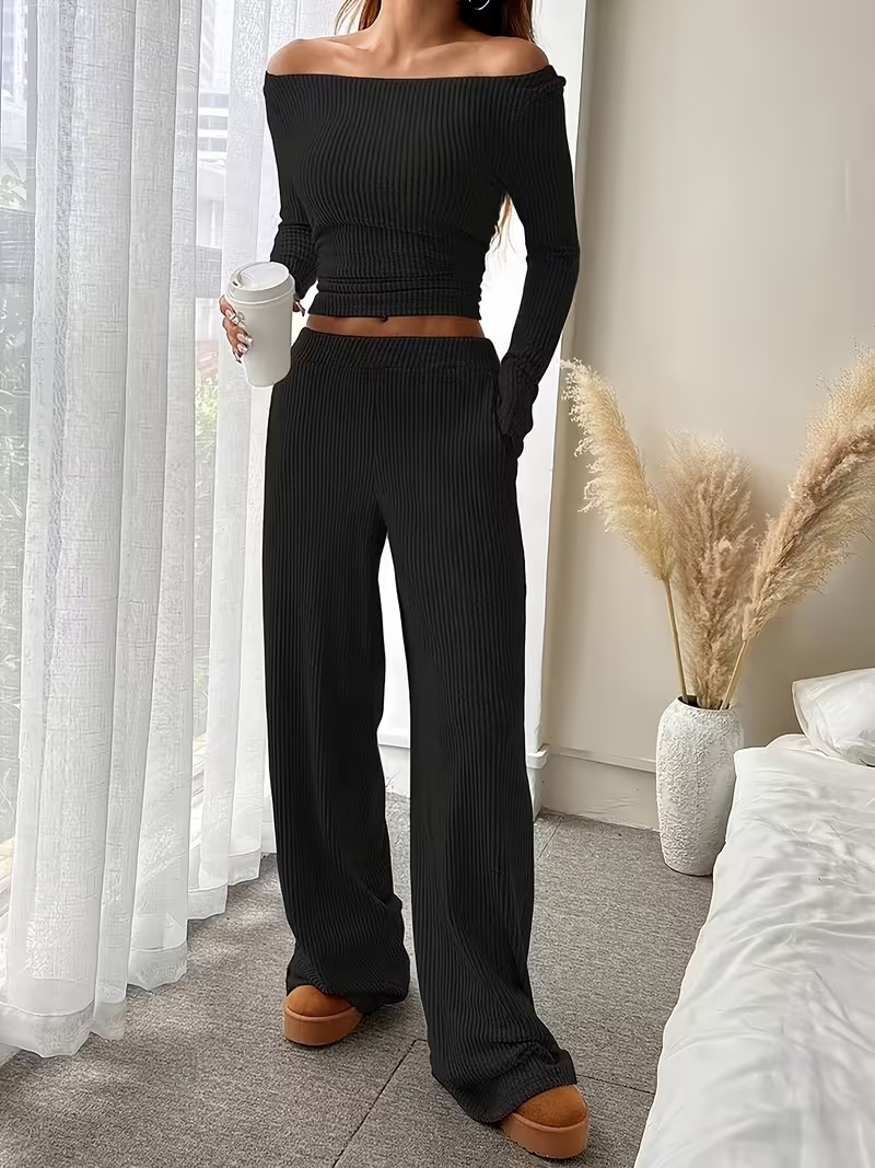 Women's Clothing Fashion Off Shoulder Slim Fit Women's Long Sleeved Two Piece Set American Style Trousers_voghion.com