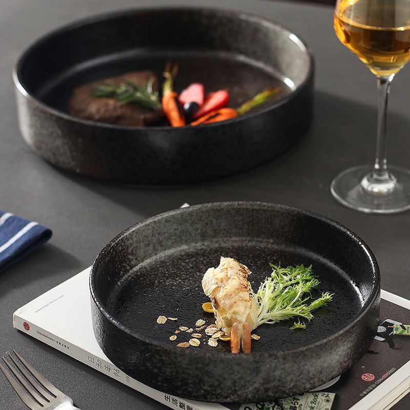 日式餐具复古陶瓷西餐盘深盘圆形菜盘创意焗饭盘沙拉盘高颜值盘子