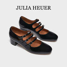 Julia Heuer朱莉亚赫尔2023新款一字扣玛丽珍粗跟浅口漆皮女单鞋
