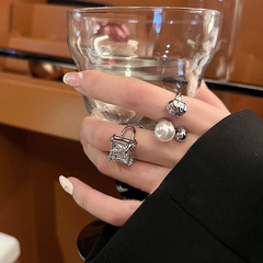 不規則熔岩方塊戒指女冷淡風高級感珍珠食指戒圓球開口時尚指環女