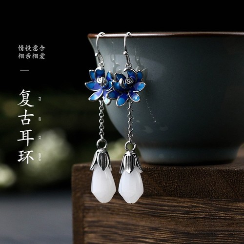  National Trend New Product Chinese Literary Imitation Jade Niche Design Earrings Thai Silver Old Retro Style Earrings for Women