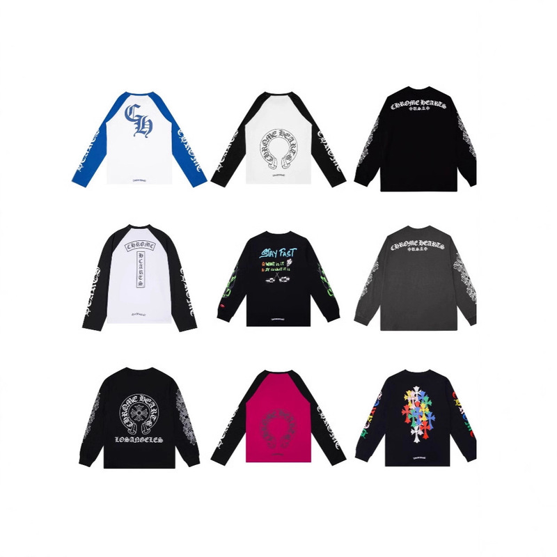 Cross-Border Trendy Brand Chrome Heart Popular Long-Sleeved T-Shirt Pure Cotton Men's and Women's Loose Ready-Made Wholesale