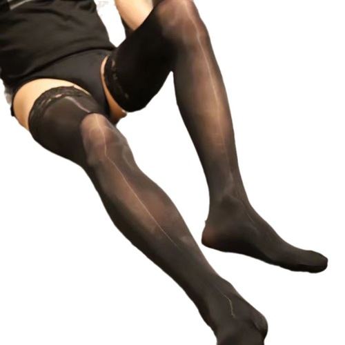 Men's Long Stockings, Men's Lace-Edged Glossy Long Stockings, Men's Formal Wear Long Socks, High-Shine Transparent Socks