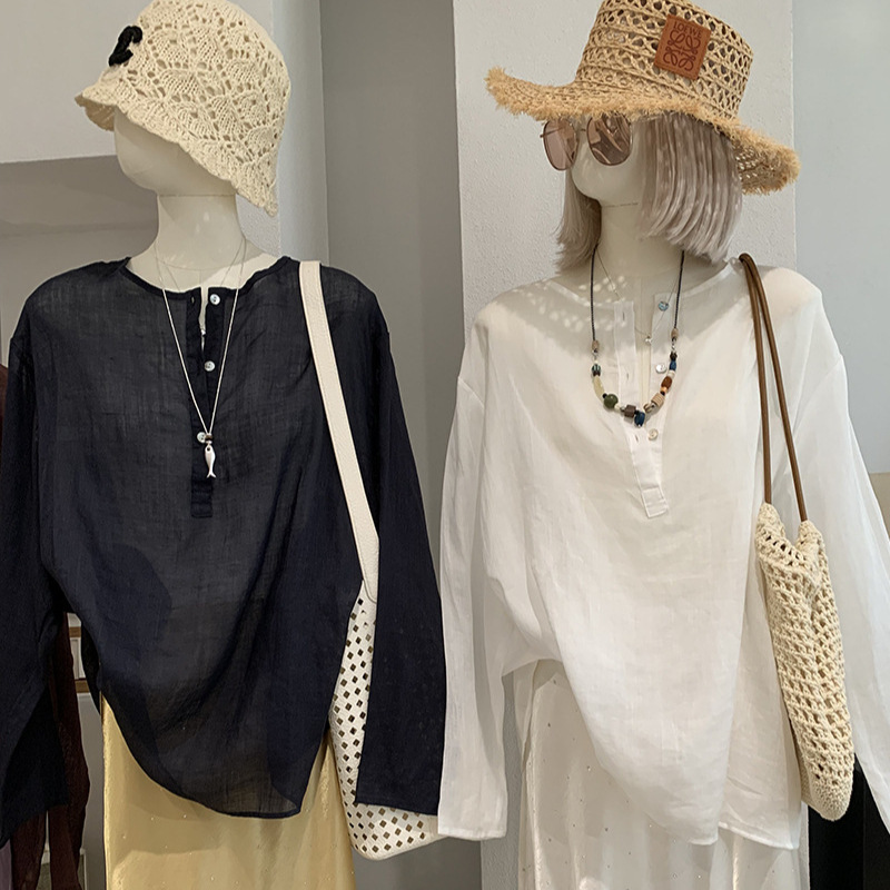 Omalai Simple and Stylish Versatile Round Neck Half-Button Solid Color Loose Long-Sleeve Mid-Length Shirt Top 7262 Omalai Simple and Stylish Versatile Round Neck Half-Button Solid Color Loose Long-Sleeve Mid-Length Shirt Top 7262