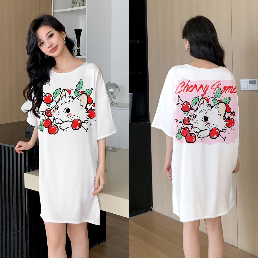 Yaoting pijama de mujer encantador viento impresión digital satén chiffón collar redondo pijama de manga corta SQ2273