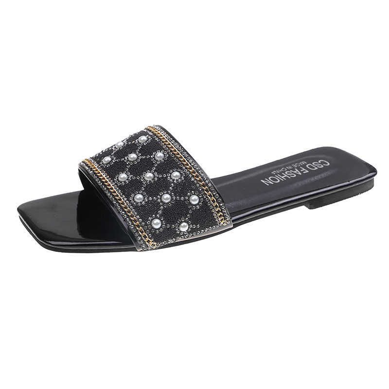 Women's Plus Size Sandals, New Summer Style, Korean Fashion, Rhinestone, Square Toe, Flat Sandals._vogvips.com