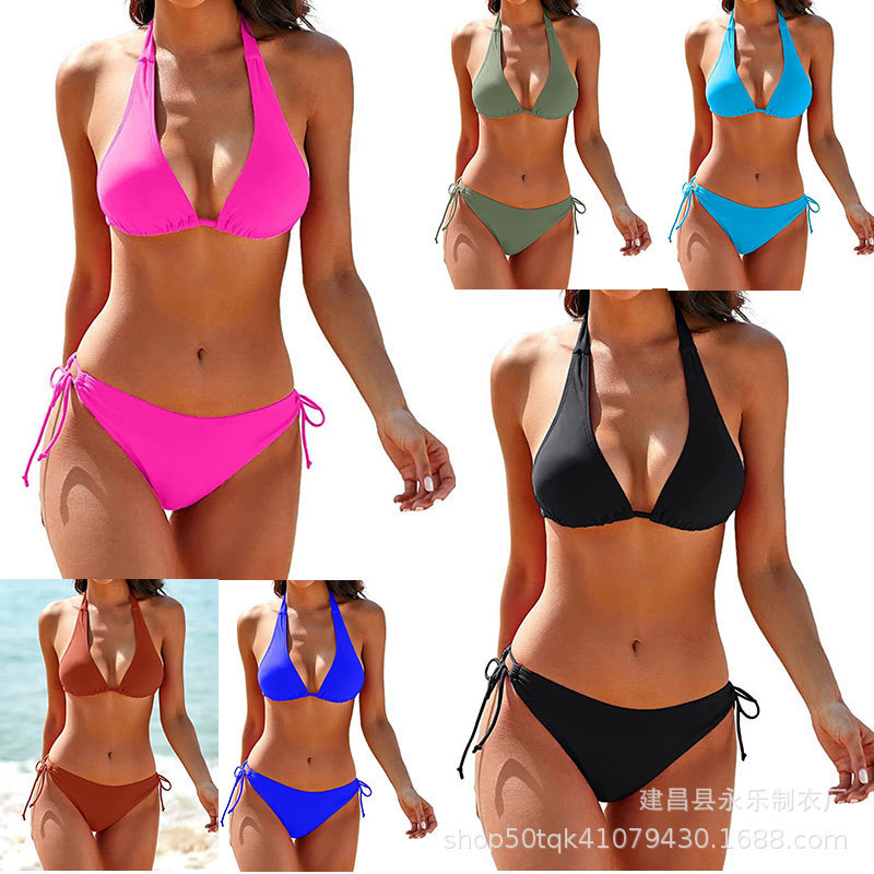 2025 Women's Bikini Swimsuit Two-Piece Swimsuit Tight-Fitting Sexy Halter Neck Thin Strap Thong Wholesale Beachwear