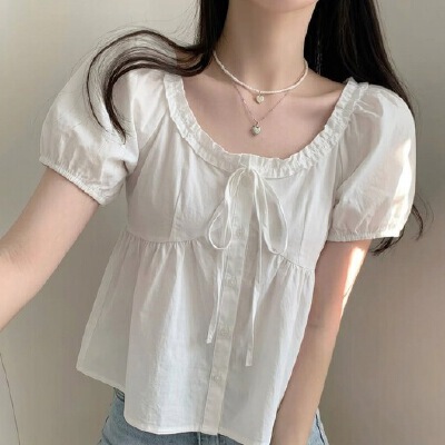 Sweet Girly Round-Neck Lace-Up Puff-Sleeve Shirt, New Summer Style, Stylish and Age-Reducing, Beautiful and Super Pretty Short Top Sweet Girly Round-Neck Lace-Up Puff-Sleeve Shirt, New Summer Style, Stylish and Age-Reducing, Beautiful and Super Pretty Short Top