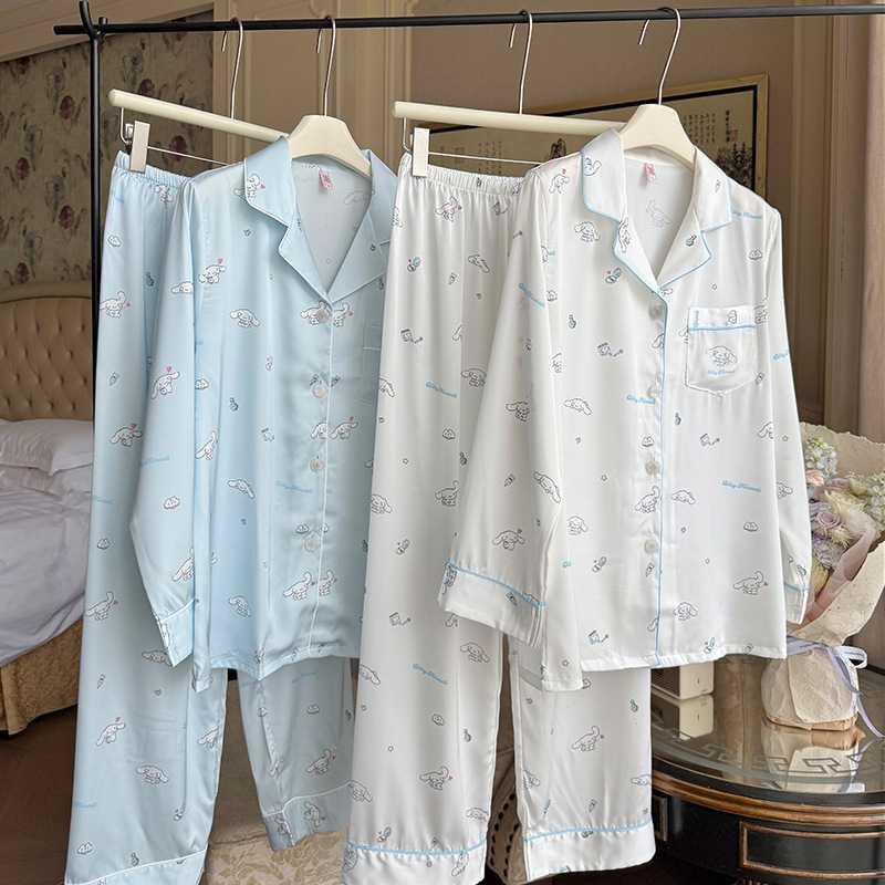 Big-Eared Dog Cartoon Cute Pajamas Long-Sleeved Girls Autumn and Winter Ice Silk Silk Comfortable Home Clothes Set Wholesale