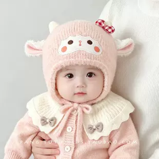Шапка для младенцев с ушками утеплённая на флисе с мультяшным ягнёнком