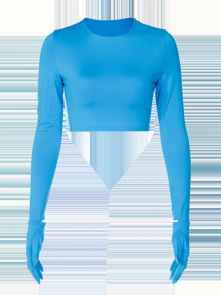 Damen 2024 Sommer Neue Mode Einfarbig Slim Fit Offene Nabelschnur Rundhals Langarm Handschuh T-Shirt Top_voghion.com