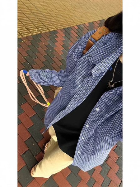 【工厂直销-可定制】蓝色格子衬衫外套女学院风宽松叠穿打底外套