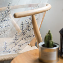 清新灰蓝简约复古美式新中式客厅卧室飘窗刺绣花棉麻遮光窗帘