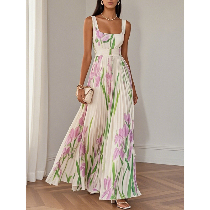 2025 European and American Women's Fashion Independent Site Amazon Spaghetti Strap Digital Print Pleated Floral Long Dress