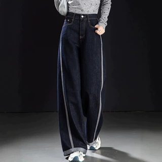 侧压线撞色阔腿裤女2026新款春季高腰牛仔裤女今年流行的裤子