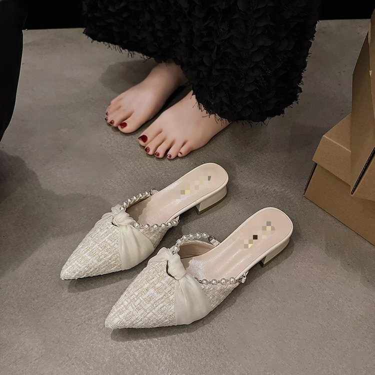 Explosión de estilo francés fragante con cabeza media zapatillas de punta de mujer 2026 nuevo verano perla zapatillas de soleas gruesas image 6