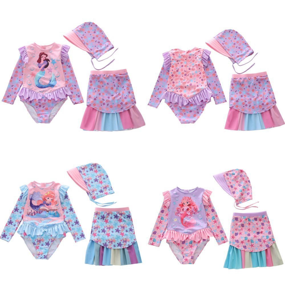 Cross-Border Children's Swimsuit Girl Baby Mermaid Pattern Ruffled Long-Sleeved Sun Protection One-Piece Swimsuit Three-Piece Set