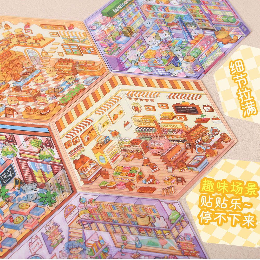 Pegatinas de paisajismo de dibujos animados creativos, linda tienda tridimensional en 3D, descompresión, escenas de paisajismo, pegatinas de cuentas para estudiantes al por mayor