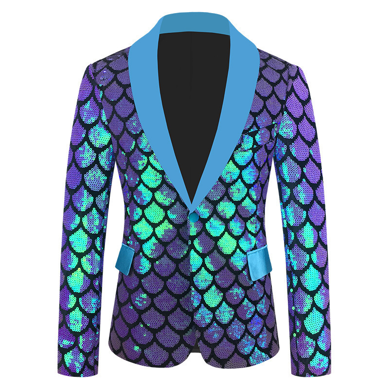 Cross-Border American Size Men's Velvet Illusion Flip Fish Scale Sequin Performance Suit Dress Green Fruit Collar Color Suit Jacket