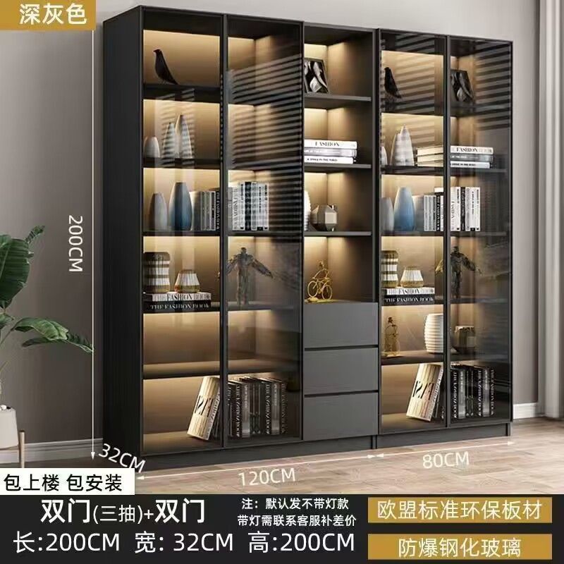 轻奢书柜带玻璃门书架落地简约现代客厅书橱实木手办酒柜展示柜子|undefined