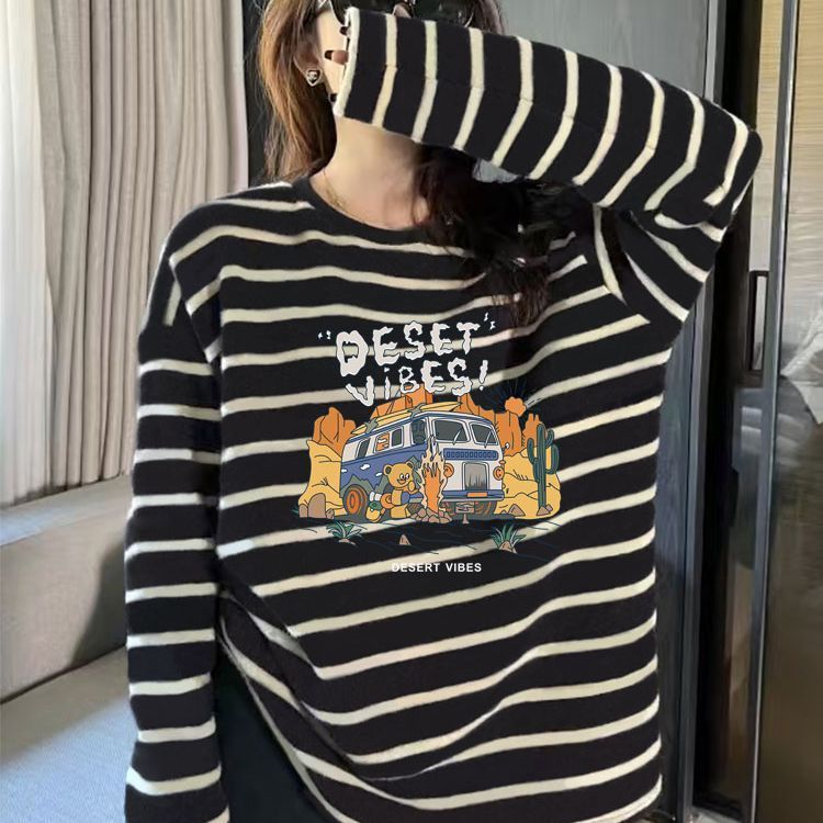 条纹设计感纯棉圆领长袖t恤女韩版宽松时尚百搭减龄上衣春秋季潮|undefined