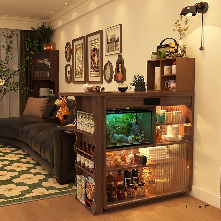 Bar Table Integrated Retractable Rotating Home Living Room Sofa Partition Cabinet Retro Walnut Solid Wood Narrow Island Table