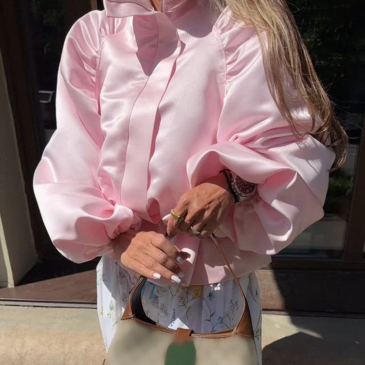 In Stock - French-Style Simple Solid Color Loose Puff Sleeve Stand Collar Waist-Cinching Jacket 2026 Autumn New Model Cross-Border European and American In Stock - French-Style Simple Solid Color Loose Puff Sleeve Stand Collar Waist-Cinching Jacket 2026 Autumn New Model Cross-Border European and American