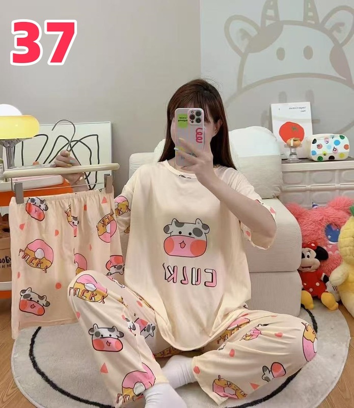 睡衣女夏季新款卡通三件套可爱简约休闲圆领家居服套装可外穿|undefined