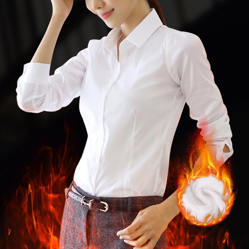 Pure Cotton Shirt Women's Autumn and Winter Velvet Professional Shirt Large Size Workwear White Top Slim Women's Work Clothes Anti-Wrinkle Pure Cotton Shirt Women's Autumn and Winter Velvet Professional Shirt Large Size Workwear White Top Slim Women's Work Clothes Anti-Wrinkle
