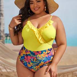 新款欧美外贸亚马逊印花泳装连体bikini女生性感大码泳衣现货批发