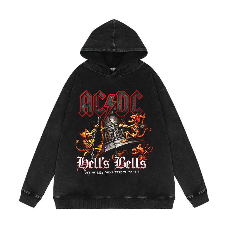 400g Washed Distressed Retro Trendy Brand Hooded Sweatshirt Acdc Band Rock Vintage High Street Loose Jacket