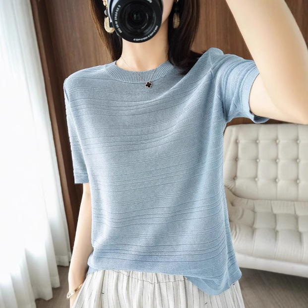 2025 New Cotton and Linen Short-sleeved Women's Summer Pullover Crewneck Pure Cotton Knitted Half-sleeved Tencel T-shirt Linen Top Thin
