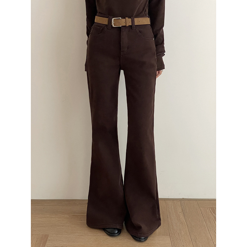 【丹宁胶片 复合绒微喇裤】歌铭复古做旧牛仔裤女冬季拖地裤N827C