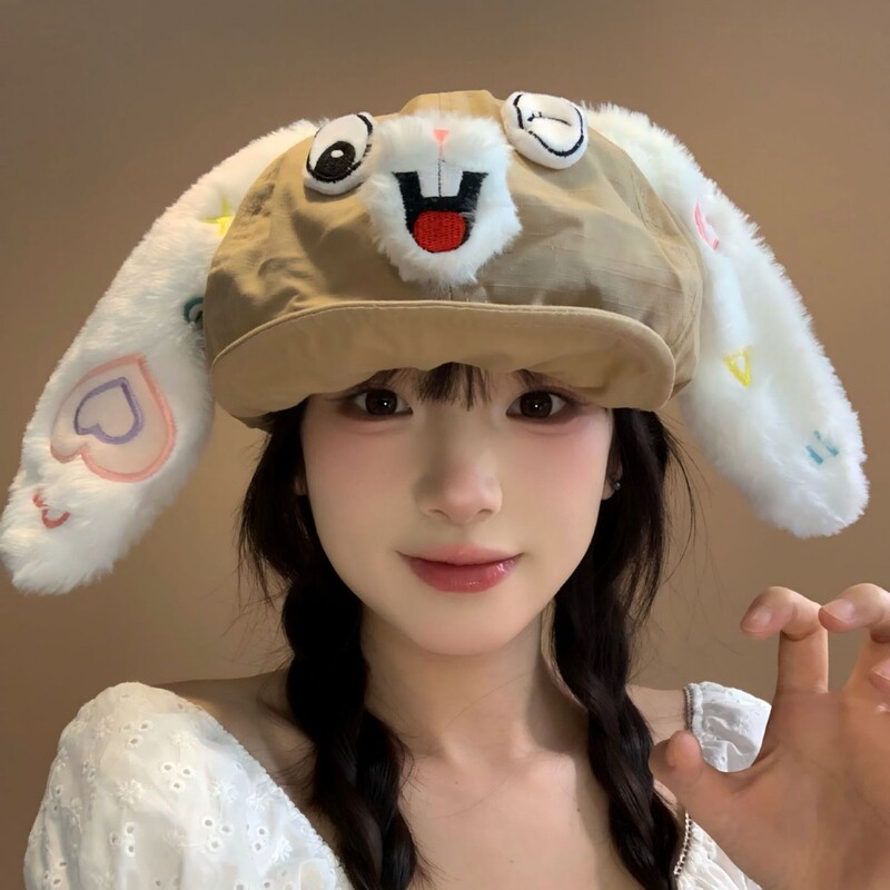 卡通可爱小兔子耳朵贝雷帽女春夏显脸小云朵画家帽大头围八角帽子|undefined