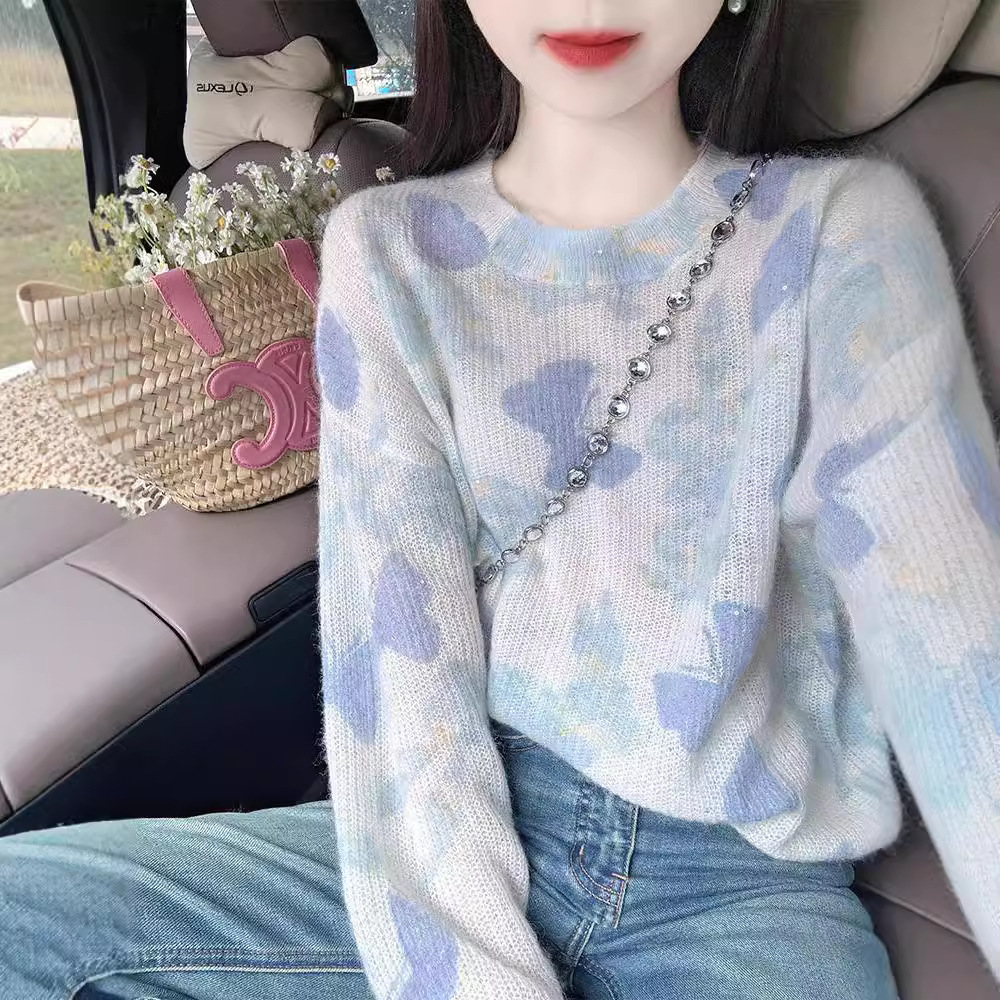 法式减龄气质圆领长袖毛衣女新款宽松高级感甜美慵懒百搭针织上衣