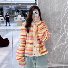 13DE同款彩虹条纹撞色针织开衫外套女2025秋冬新款小香风熊仔毛衣