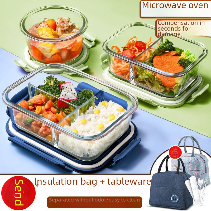 Glass Lunch Box for Office workers Microwave Heating Special Lunch Box with Lid Fresh-keeping Box Glass Soup Bowl Fruit Lunch Box