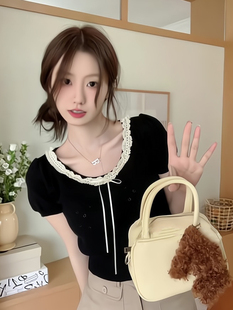plus size Chubby mmmiu Lace Short-sleeved Hollow Bow T-shirt Women's Summer Sweet Slim-fit Short Top